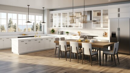 Fototapeta premium Large bright white kitchen with island and hardwood floors