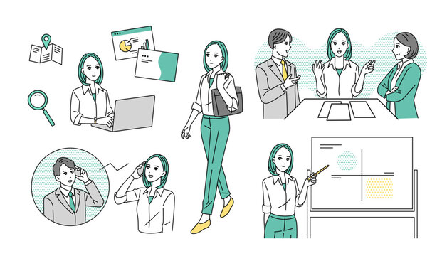 企画ビジネスパーソンの様々なビジネスシーンのイラストセット