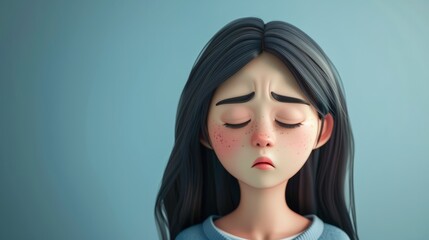 Sad upset disappointed depressed Asian cartoon character girl young woman female person with closed eyes in 3d style design on light background. Human people feelings expression concept