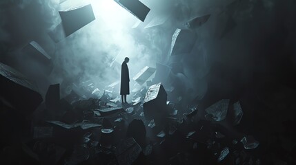 A lone figure stands in a ruined city