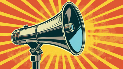 Announcement background design. megaphone with an open space. megaphone pop art comic illustration, Loudspeaker megaphone important message. Loud voice message art banner