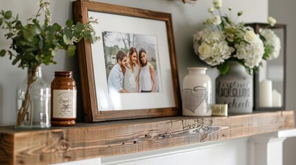 Positioned on a mantel shelf with family photos, Personalization, Texture Contrast, The frame is placed on a mantel shelf alongside family photos