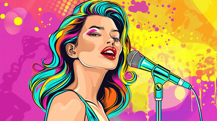 Pop art style woman singer with retro microphone, pop art comic karaoke poster 