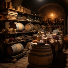 A wine cellar with wooden barrels, bottles, and grapes