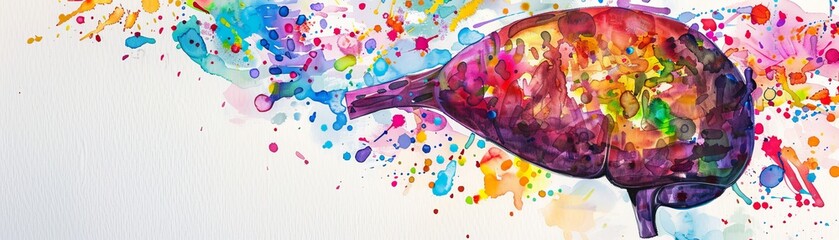 Artistic interpretation of a liver using vibrant watercolors, symbolizing vitality and health, ideal for wellness centers