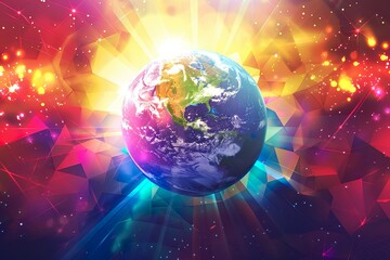 Earth Globe with Sun Rays and Geometric Shapes on Gradient Background