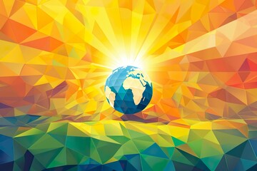 Earth Globe with Sun Rays and Geometric Shapes on Gradient Background