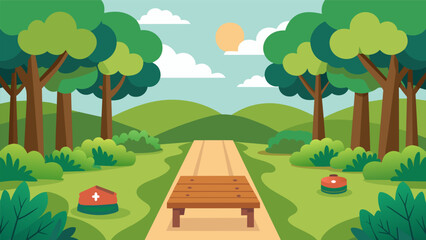 Obraz premium A treelined path with wooden benches and yoga mats for hikers to pause and participate in a guided stretching session surrounded by nature.. Vector illustration