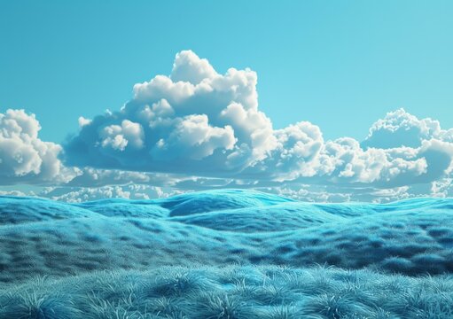 Fluffy blue rolling hills stretch to the horizon under a partly cloudy sky