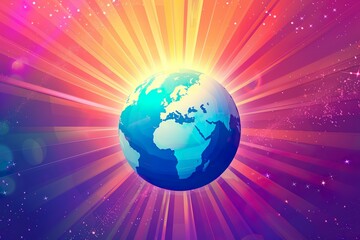 Earth Globe with Sun Rays and Geometric Shapes on Gradient Background