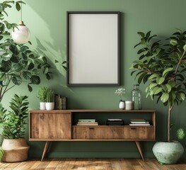 Minimalist mockup of an empty black frame on a wooden sideboard against a green wall with plants and books, in high resolution and high quality