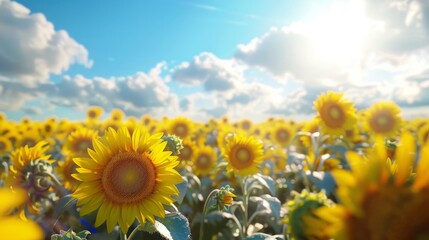 Sunflower field with cloudy blue sky hyper realistic 