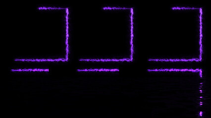 Three fire-burning square frames moving glowing black with its reflection. Portal opening fluorescent nightclub illuminated fog graphic geometric element. Rectangle horizontal tube electric light bg.