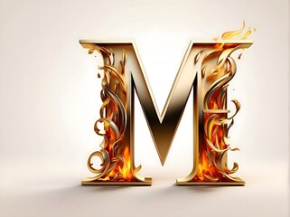 The letter M in gold color, with flames of fire, made of gold, in three dimensions, smooth and...