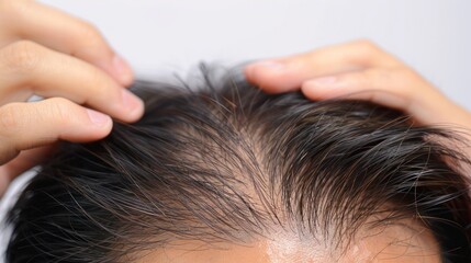 Naklejka premium Hair loss concept. Close up of hands holding and running fingers through hair, highlighting signs like thinning or sparse bald spots on top of the head in patterned hair loss on white background.
