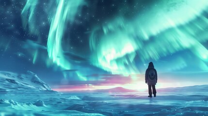 The picture of young or adult human that walking in the north pole or south pole and staring into the sky that fill with aurora and star in the night time yet the bright with aurora or star. AIGX03.