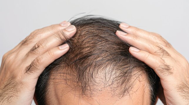 Hair loss concept. Close up of hands holding and running fingers through hair, highlighting signs like thinning or sparse bald spots on top of the head in patterned hair loss on white background.