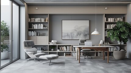 Fototapeta premium Propped up on minimalist bookshelf, Minimalist and Contemporary, No Matting, Prop Mount, Cool Gray Palette, Aluminum, Architectural Drawing, Overhead Ceiling Light, Smooth Plaster Finish