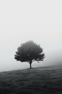 A tree stands alone in a field on a foggy day