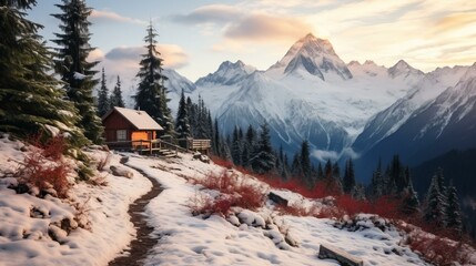 Fototapeta premium A wooden house in a snowy mountain landscape