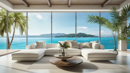Modern coastal living room interior design with large windows overlooking the ocean