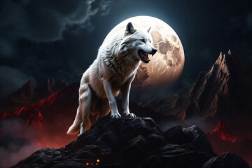 A white wolf roars on the hill under the red moon at night