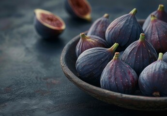 Fresh ripe figs in bowl on dark background. Close-up shot