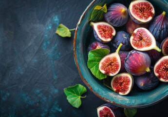 Fresh ripe figs in bowl on dark background. Close-up shot