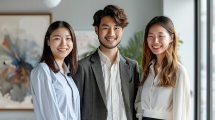 Obraz premium Successful Asian young office workers team smiling and standing together in Startup office.