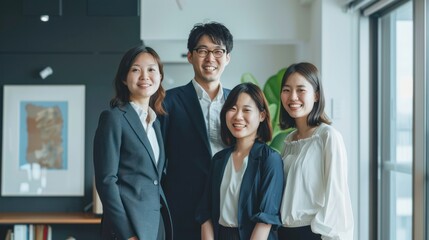 Successful Asian young office workers team smiling and standing together in Startup office.