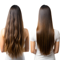 Two women displaying hair before and after a straightening treatment