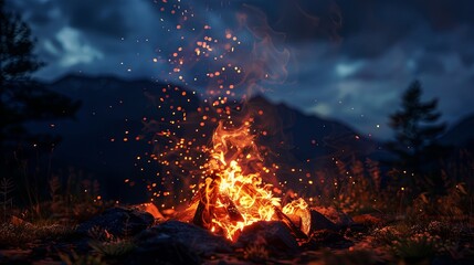 Enigmatic Night Campfire with Sparks Illuminating Darkness
