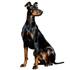 A Doberman Pinscher, sleek and powerful, with an attentive stance, on a transparent background.