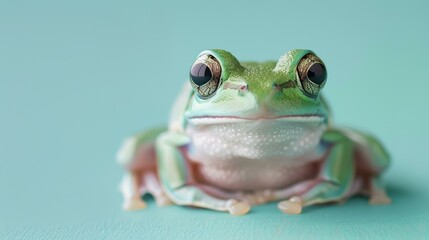 A green frog sits on a blue background