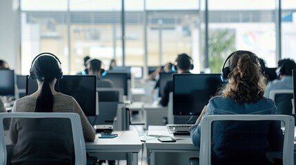 Call center workers with headsets sitting at desks and working on computers in a office space.