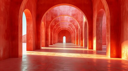 Pink arched hallway with bright sunlight shining through