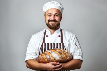 Bearded baker man holding a loaf of bread - Powered by Adobe