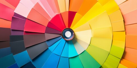 A circular arrangement of paint color swatches in a rainbow pattern