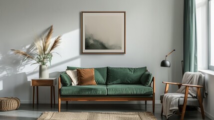 Resting on a wooden side table beside a couch, Minimalism, Functional Furniture, The frame rests on a wooden side table next to a cozy couch, creating a minimalist and functional vignette