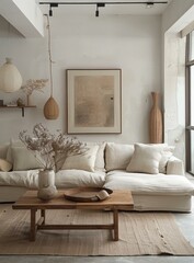 Airy and bright living room with neutral colors and natural materials