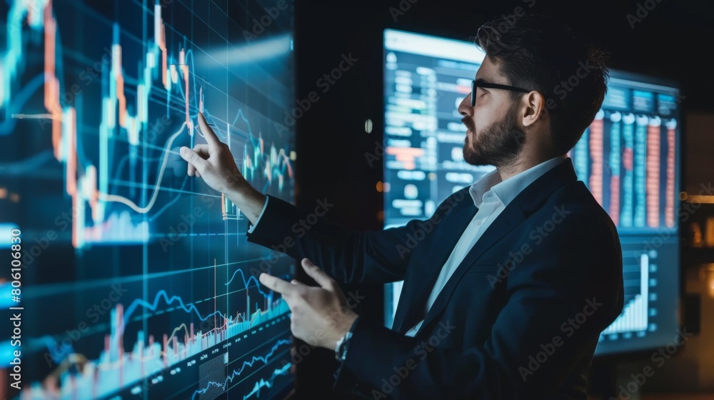 Poster a businessman pointing at a stock performance chart during a presentation, explaining market dynamic