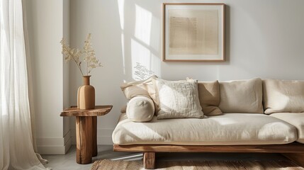Resting on a wooden side table beside a couch, Minimalism, Functional Furniture, The frame rests on a wooden side table next to a cozy couch, creating a minimalist and functional vignette