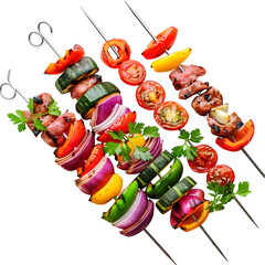 A set of metal skewers loaded with vegetables and meat for grilling, on a transparent background
