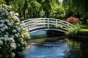Fototapeta premium Small wooden bridge over a river in a park
