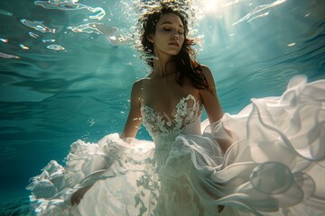 A woman wearing a white wedding dress is swimming underwater with her eyes closed