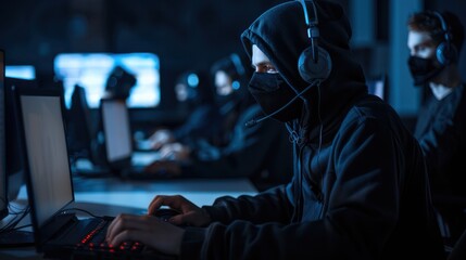 Call center scammer concept. Swindler criminals in black hood wearing mask and headsets and using computer in a call center office.