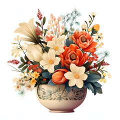 A beautiful modern clip art of a beautiful Flower Eggshell planter, freshy colourful, overflowing with assorted blooms and greenery, beautiful wedding style, single objects, isolated on white backgrou
