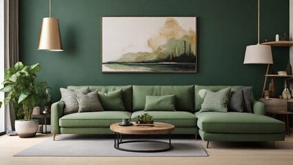 Green Elegance Transforming Your Living Space with a Modern Sofa and Artistic Touches