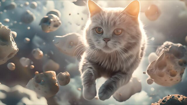 A cat floats in space, with debris and meteorites surrounding it, Astronaut cat