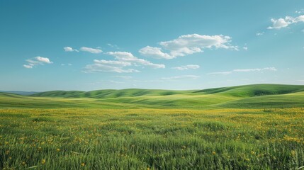 Fototapeta premium Vast green rolling hills under blue sky with white clouds